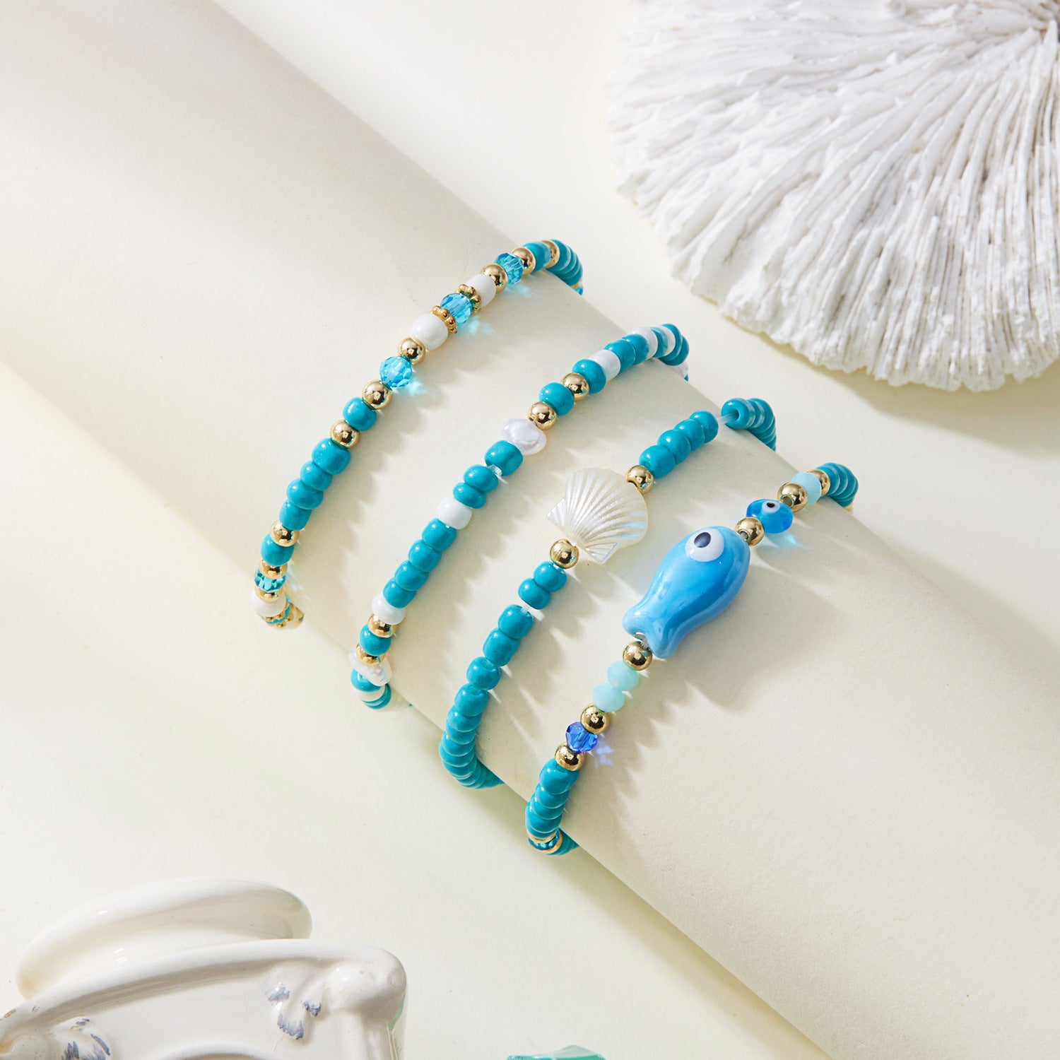 Wholesale Ceramic fish shell rice bead bracelet 4 pieces set
